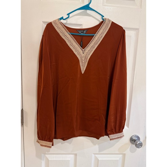 Moonshell Blouse Orange Long Sleeve V-Neck Lace Trim Top XXL‎ - Picture 1 of 4